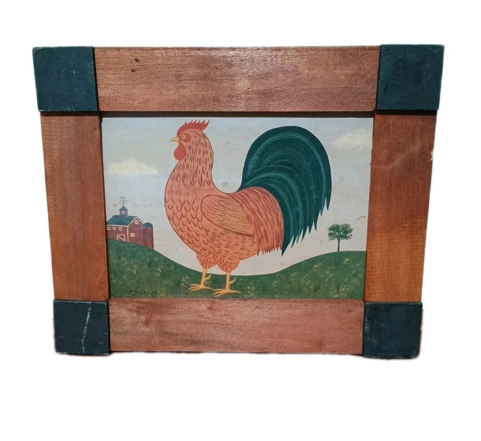 Fayre Cooper Farmhouse Folk Art Wood Primitive Animal Print Rooster Framed 8X10 - Image 1 of 4
