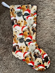 NEW Unique Handmade Quilted Christmas Stocking Puppy Dogs Santa Hats - Picture 1 of 3