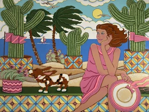 Vintage Original Acrylic Painting -Summer Breeze, Woman, Cactus, Dog -Signed - Picture 1 of 11