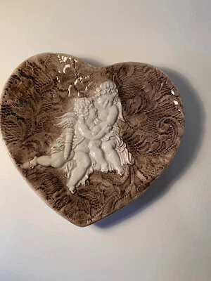 Heart Shaped Ceremic Plate With Cherubs Embossed Lace Italy make me an offer! - Image 1 of 4