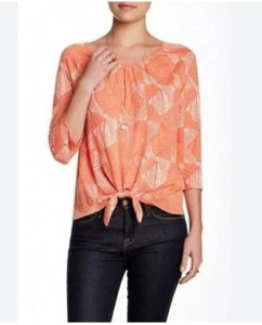 Lucky Brand Tie Front Hem Blouse XL Linen Blend 3/4 Sleeve Coral Round Neck - Picture 1 of 10