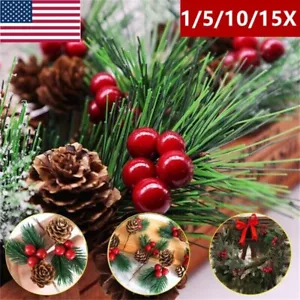 1-15Pcs Pine Picks, Artificial Christmas Picks Red Berry Pine Cones Stems, Green - Picture 1 of 28