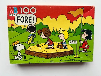 VINTAGE PEANUTS MB TRAY PUZZLE, GOLF THEMED, COMPLETE, VERY GOOD, 100 PIECES - Image 1 of 4