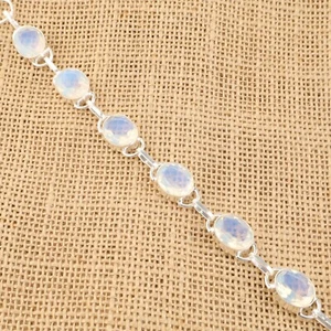 Nuevo brazalete de boda de cadena artesanal de plata 925 con piedras preciosas de ópalo lechoso de corte ovalado - Imagen 1 de 6