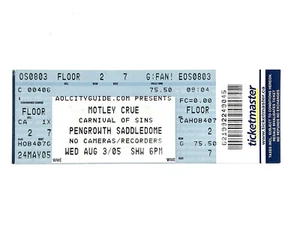 Motley Crue Unused Concert Ticket Pengrowth Saddledome 8/3/2005 Calgary Canada - Picture 1 of 1