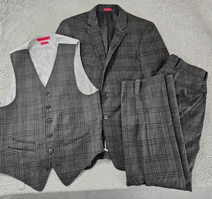 John Varvatos 3-Piece Suit Mens Dark Grey Check 36R Blazer 30x29 Pants Vest - Picture 1 of 24