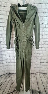 Bebe One-Piece Jumpsuit Women's Size 25 Green Solid Cotton Long Sleeves V-Neck - Picture 1 of 13
