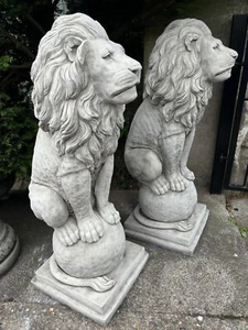 Pair of large Proud Lion Statues On Ball - Picture 1 of 8