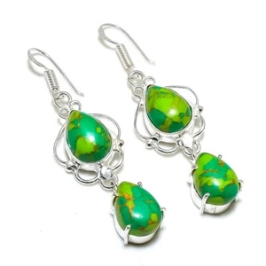 Green Turquoise Gemstone Handmade 925 Sterling Silver Jewelry Earring Size 2.25" - Picture 1 of 1