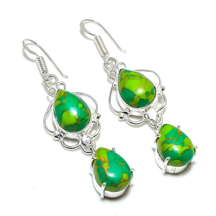 Pendiente de joyería de plata de ley 925 hecho a mano con piedras preciosas turquesa verde tamaño 2,25" Foto 1 de 1