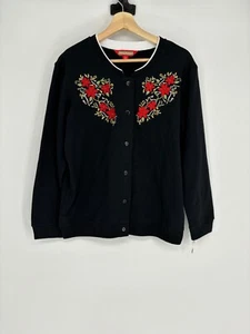 NWOT Holiday Traditions Black Floral Button Down Sweatshirt Women's Size Medium - Picture 1 of 6