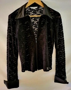 CAbi Black Stretch Lace Jacket w/ Satin Collar & Cuffs, Zippered Front, Size L - Picture 1 of 7