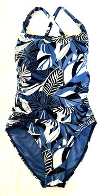 Nautica One Piece Women's Swimsuit Blue/Black/White  Floral Criss Cross Sz S New - Image 1 of 4