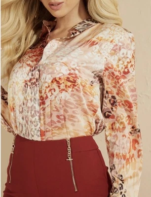 Marciano Guess Flux floral Leopard print long sleeve sheer button blouse Small - Image 1 of 4