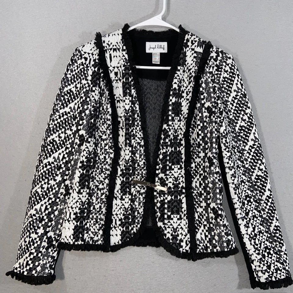 Blazer Joseph Ribkoff Mujer Talla 8 Negro Blanco Borde Geométrico Flecos Frente Abierto Foto 1 de 4