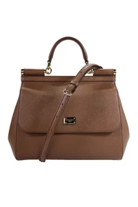 Dolce and Gabbana Womens Logo Flap Grain Leather Top Handle Handbag Brown - Picture 1 of 19