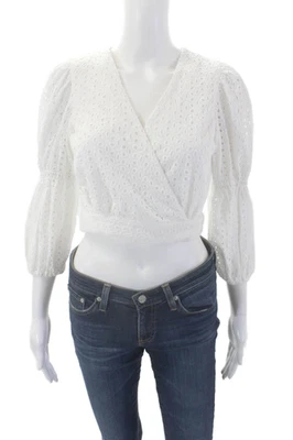 Blusa corta blanca visón rosa mangas 3/4 ojales talla S Foto 1 de 4