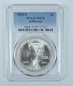 1993-P Jefferson Commemorative Silver Dollar MS70 PCGS Blue Label *7913 - Picture 1 of 5