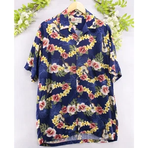 Hilo Hattie Men's Hawaiian Original Ukulele Lay Floral Blue Print Shirt Sz M - Picture 1 of 5