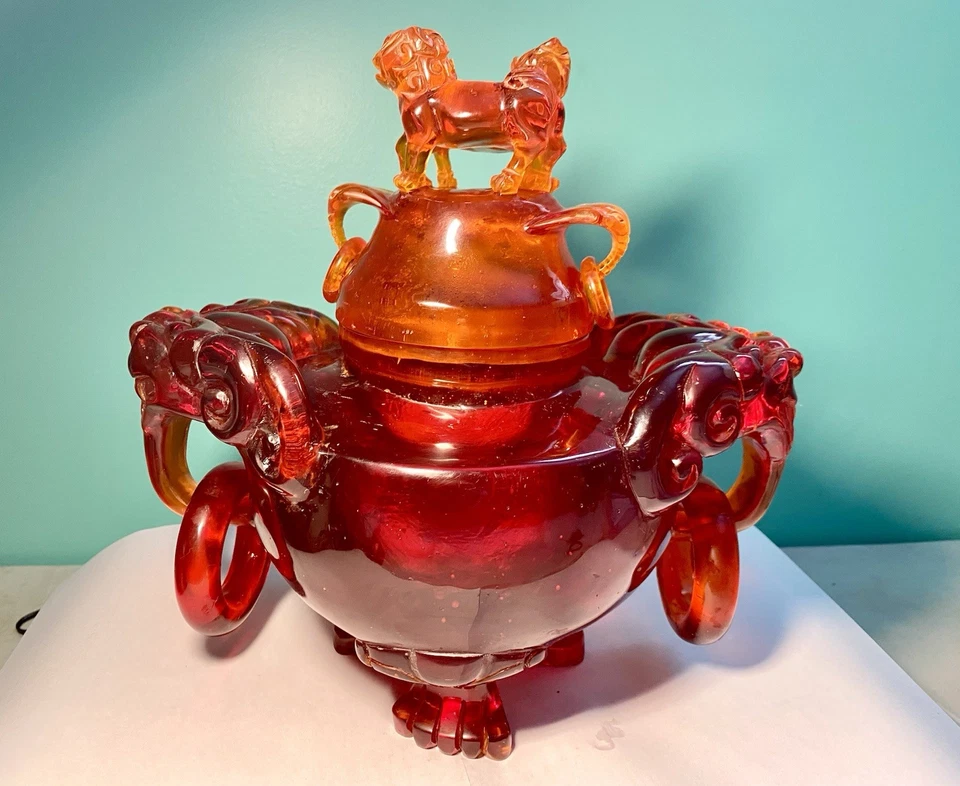 Estatuilla quemador de incienso dragón chino ámbar resina roja tallada de colección Foto 1 de 4