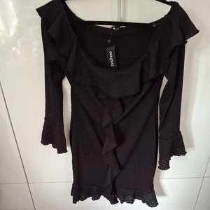 Boohoo Women's Textured Frill Flare Sleeve Mini Dress In Black Or Blue Size 14 - Picture 1 of 4