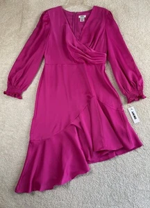 DKNY Dress 10 Hot Pink Surplice V-Neck Long Balloon Sleeve Asymmetric Hem NEW - Picture 1 of 15