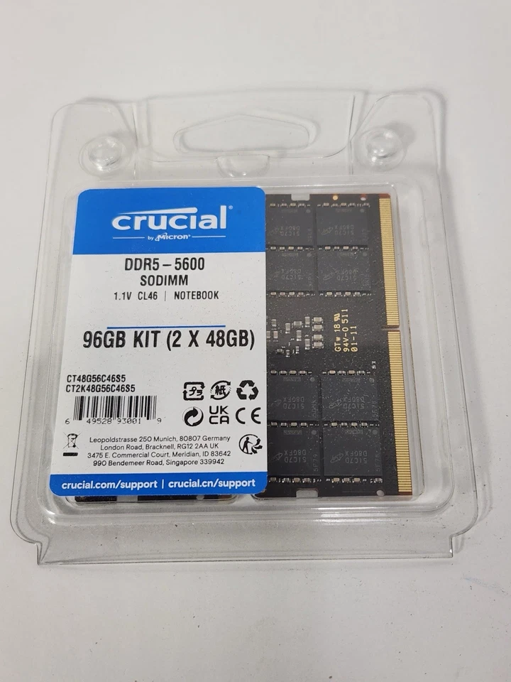Micron  Crucial 96GB Kit (2 x 48GB) DDR5 SODIMM SDRAM Memory Module 5600MHz - Image 1 of 1