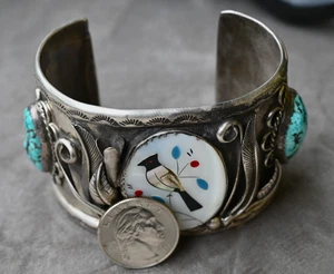 OLD Big 114 grams Zuni Robin Inlay Cuff Sterling & Multigemstone 7 1/2" wearable - Picture 1 of 10