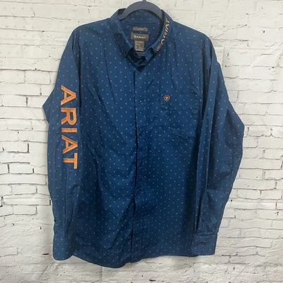 Ariat Clarence Fitted Shirt Men Large Long Sleeve Logo Button Blue Orange - Image 1 of 4