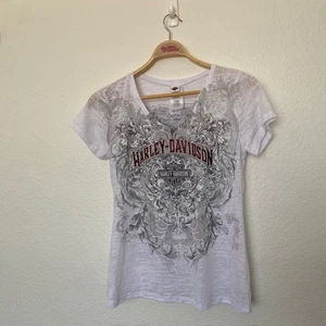 Harley Davidson V-Neck Short Sleeve Burnout Tee Embellished Wild Horse Women XL - Picture 1 of 9