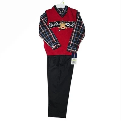 IZOD Niños Conjunto de 3 Piezas Pantalones Negros Camisa a Cuadros Chaleco Rojo Reno Talla 4T Foto 1 de 4