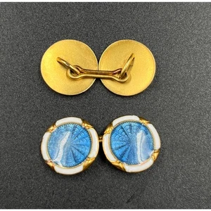 Gemelos dobles esmaltados guilloche azul y blanco Art Deco oro 18K ¡¡RAROS!!! - Imagen 1 de 3