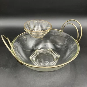 Vintage MCM Jeanette Glass Chip&Dip Bowl Set w/Double Gold Metal Tone Handles - Picture 1 of 9