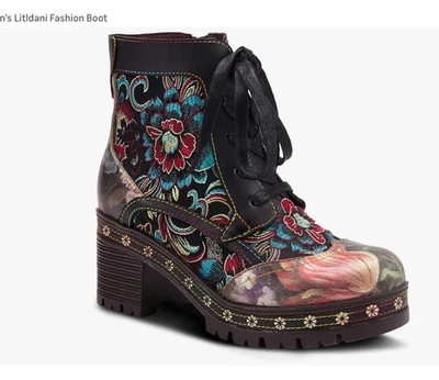 L'Artiste by SpringStep "Litldani" Size 9 Leather Floral Lug Boots Size 40 - Image 1 of 4