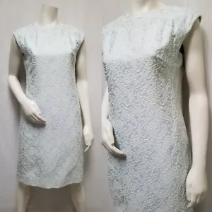 Beautiful Vintage 1960's Blue & Ivory Floral Brocade Sleeveless Dress - Size M/L - Picture 1 of 9