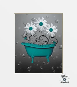 Bathroom Wall Decor, Daisy Flowers In Tub, Decorative Matted Wall Art Picture - Picture 1 of 9