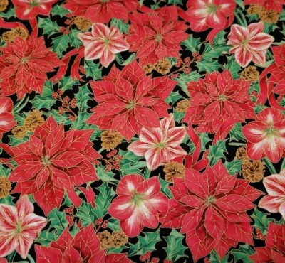 Joy To The World BTY Lisa Conlin Quilting Treasures Poinsettia Holly Black - Image 1 of 3