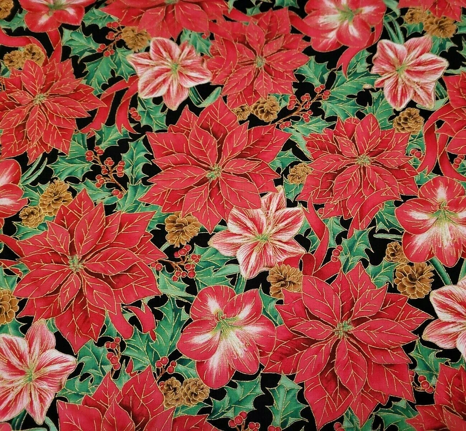 Joy To The World BTY Lisa Conlin Quilting Treasures Poinsettia Holly Black - Image 1 of 3