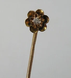 10K Victorian 3point Mine Cut Diamond Buttercup Setting Yellow Gold Stick Pin 1g - Picture 1 of 7