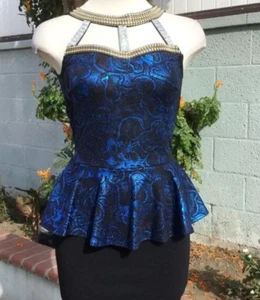 IPONA Textured Bodice Short Dress Stones Necklace Flared Cocktail Blue/Blk S - Picture 1 of 8