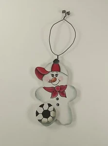Soccer Sports Snowman Country Christmas Rustic Wooden 3.75" Holiday Ornament - Picture 1 of 3