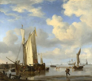 Oil painting Dutch Vessels Inshore and Men Bathing seascape sail boats canvas - Picture 1 of 1