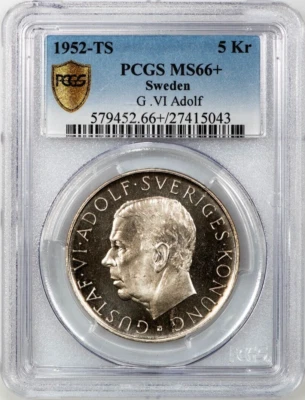 Sweden 1952 TS 5 Kronor, Gustaf VI Adolf - PCGS MS66+, 2nd Finest Graded by PCGS - Image 1 of 2