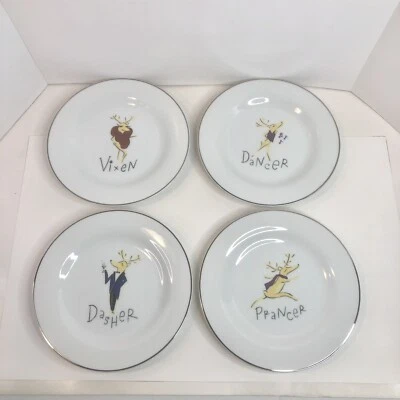 4 салатные десертные тарелки Pottery Barn Reindeer 8,5 дюйма Dasher Dancer Prancer Vixen - Изображение 1 из 4