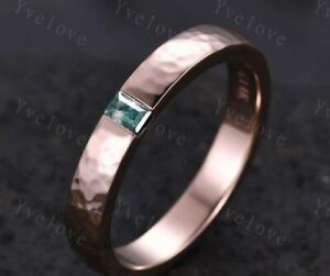 Mens Moss Agate Wedding Band Baguette Cut ring, 925 silver ring Retro Vintage