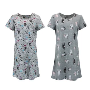 FIL Women's Cotton Blend Nightie Night gown Sleepwear PJ Cute Cat Dog Print - Picture 1 of 9