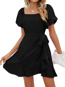 SAMPEEL Women's Summer Dress – Square Neck Puff Sleeve Tie Waist Short, Black, L - Picture 1 of 5