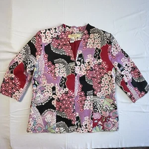 Norm Thompson Sz L Silk Jacket Floral Cherry Asian Print Bold Color Red Pink - Picture 1 of 19