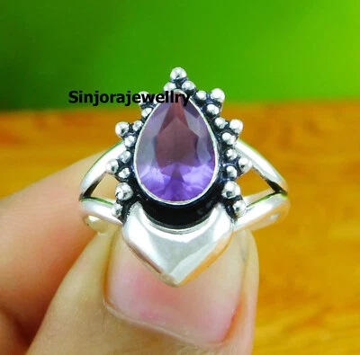 Anillo de regalo hecho a mano de plata esterlina 925 con piedras preciosas de amatista talla 5 a 10 de EE. UU. Foto 1 de 4