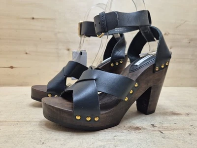 MANGO DAMEN SANDALEN SANDALETTEN HIGH HEELS HOLZ CLOGS PUMPS Gr:38 UK:5 SCHWARZ - Bild 1 von 4